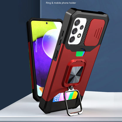 All-Inclusive Hybrid Phone Case Cover Shell with Camera Slider + Back Card Holder + Built-in Metal Sheet for Samsung Galaxy A52 4G/5G/A52s 5G