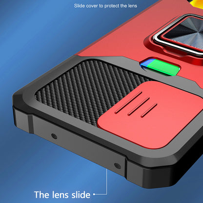 All-Inclusive Hybrid Phone Case Cover Shell with Camera Slider + Back Card Holder + Built-in Metal Sheet for Samsung Galaxy A52 4G/5G/A52s 5G