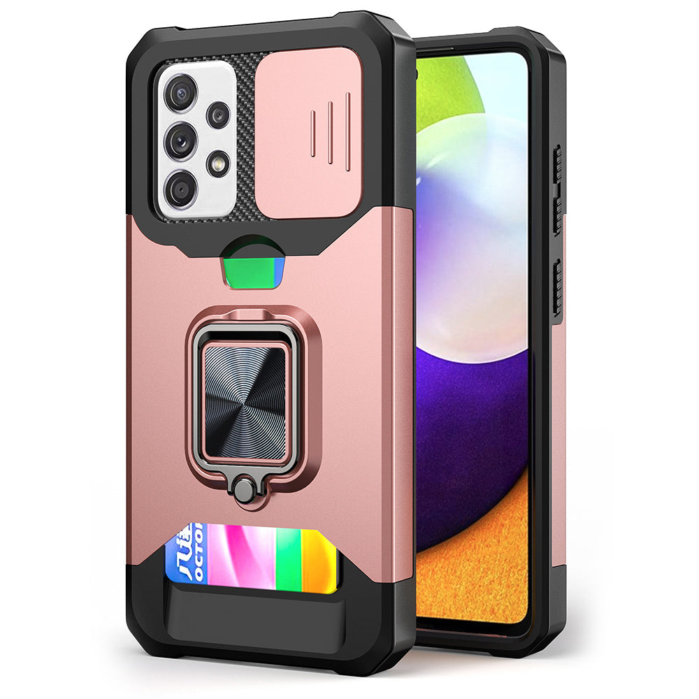 All-Inclusive Hybrid Phone Case Cover Shell with Camera Slider + Back Card Holder + Built-in Metal Sheet for Samsung Galaxy A52 4G/5G/A52s 5G