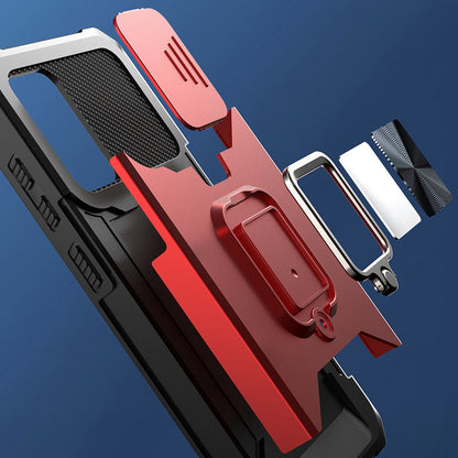 All-Inclusive Hybrid Phone Case Cover Shell with Camera Slider + Back Card Holder + Built-in Metal Sheet for Samsung Galaxy A52 4G/5G/A52s 5G