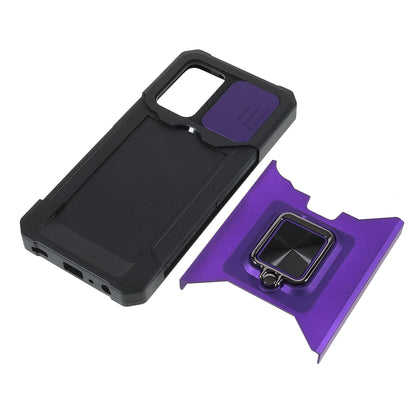 All-Inclusive Hybrid Phone Case Cover Shell with Camera Slider + Back Card Holder + Built-in Metal Sheet for Samsung Galaxy A52 4G/5G/A52s 5G