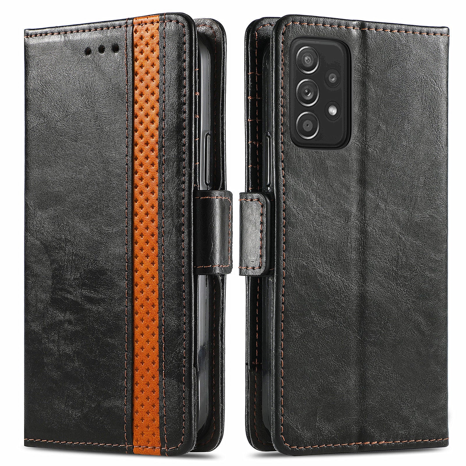 CASENEO 002 Series Protective Shockproof Dual Magnetic Flap Wallet Stand Design Business Style Splicing Leather Phone Case for Samsung Galaxy A52 4G/5G/A52s 5G