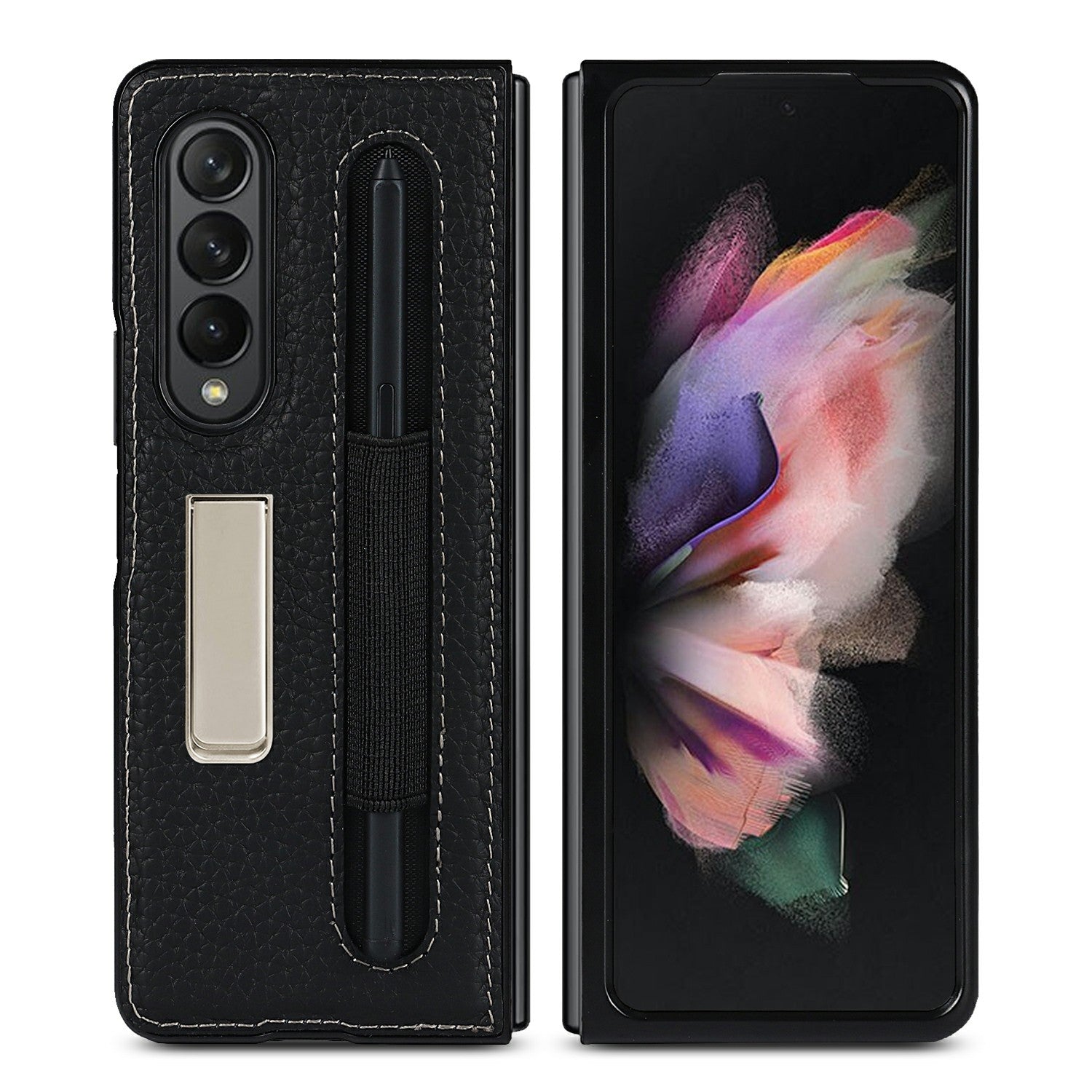 Anti-Collision Litchi Texture Genuine Leather Coated TPU Case with Hidden Kickstand for Samsung Galaxy Z Fold3 5G