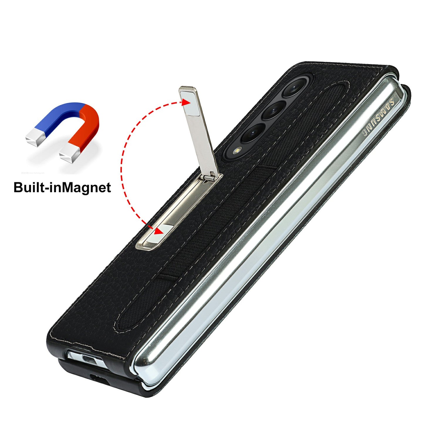 Anti-Collision Litchi Texture Genuine Leather Coated TPU Case with Hidden Kickstand for Samsung Galaxy Z Fold3 5G
