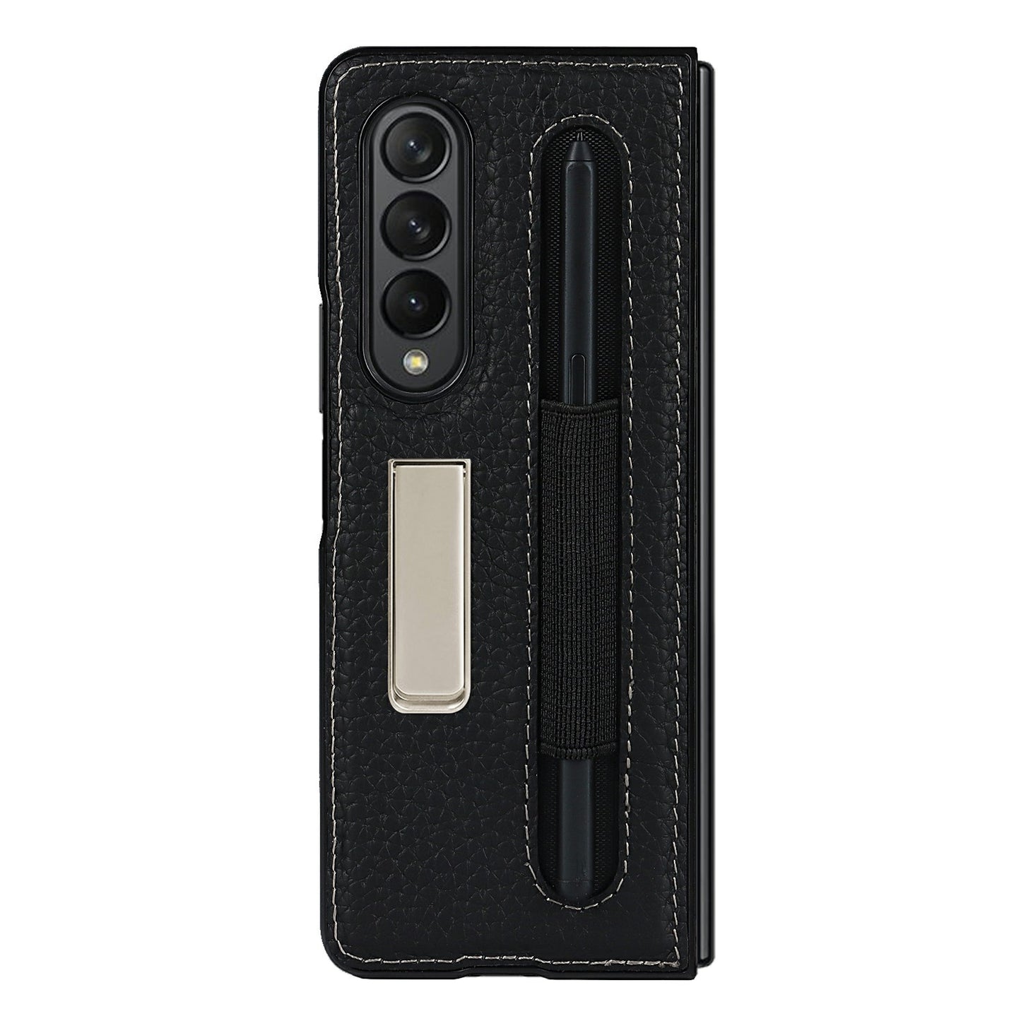 Anti-Collision Litchi Texture Genuine Leather Coated TPU Case with Hidden Kickstand for Samsung Galaxy Z Fold3 5G