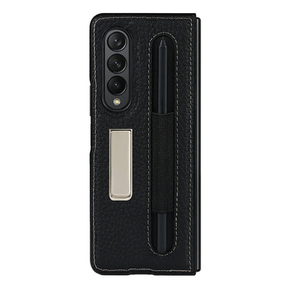 Anti-Collision Litchi Texture Genuine Leather Coated TPU Case with Hidden Kickstand for Samsung Galaxy Z Fold3 5G