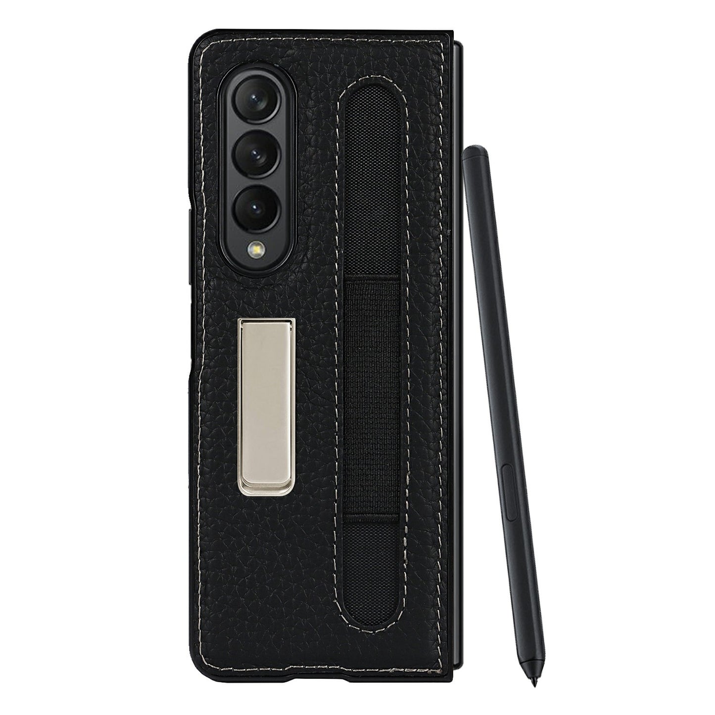 Anti-Collision Litchi Texture Genuine Leather Coated TPU Case with Hidden Kickstand for Samsung Galaxy Z Fold3 5G