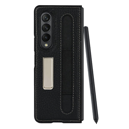 Anti-Collision Litchi Texture Genuine Leather Coated TPU Case with Hidden Kickstand for Samsung Galaxy Z Fold3 5G