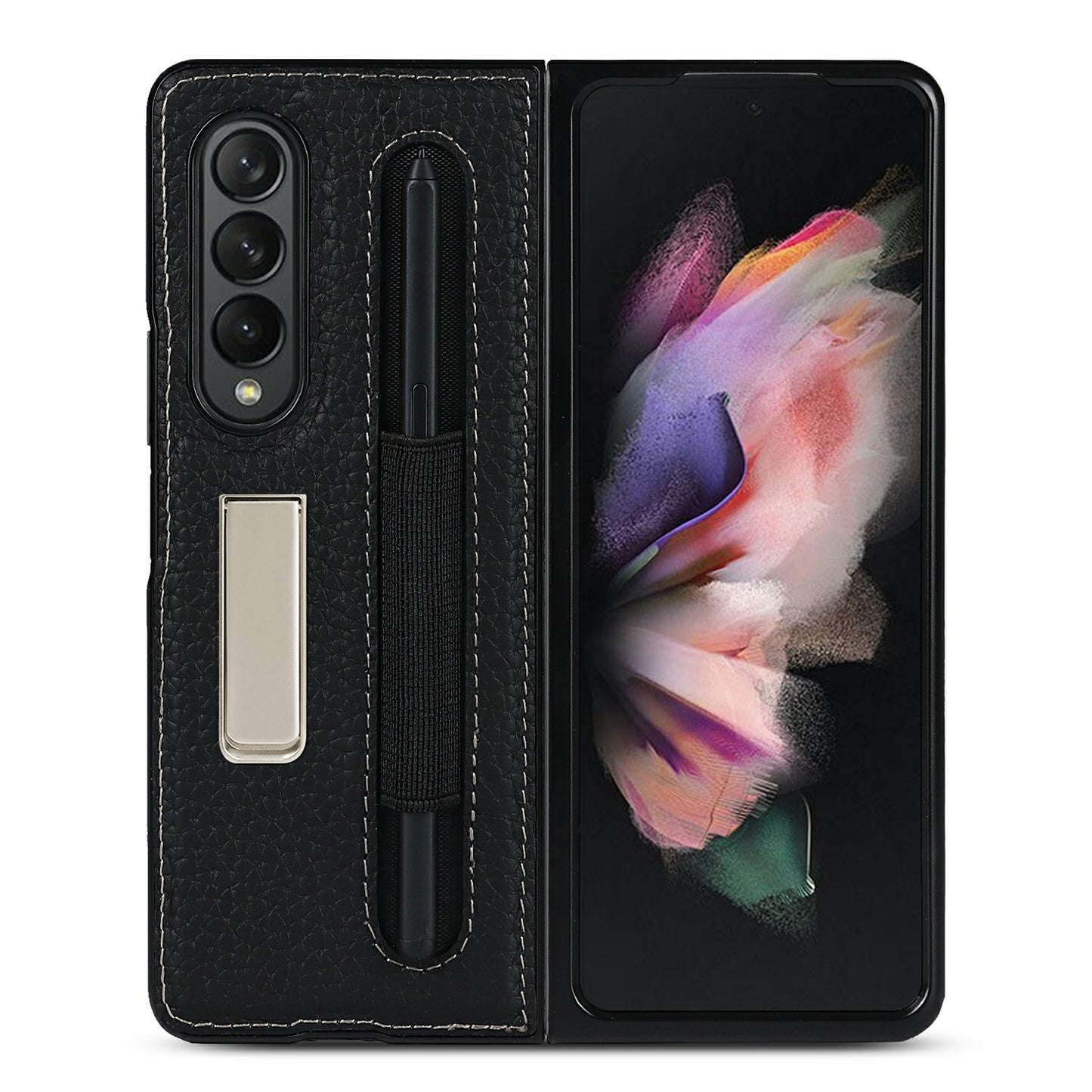Anti-Collision Litchi Texture Genuine Leather Coated TPU Case with Hidden Kickstand for Samsung Galaxy Z Fold3 5G