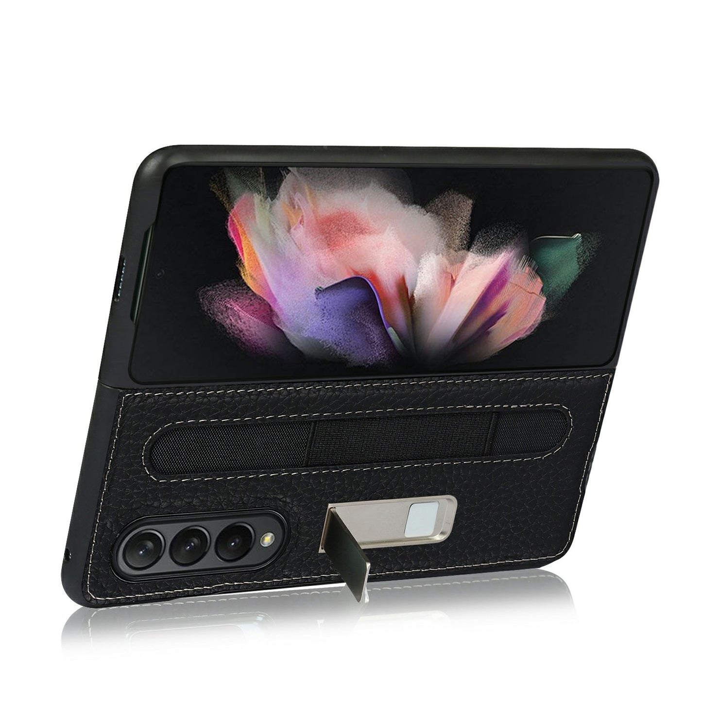 Anti-Collision Litchi Texture Genuine Leather Coated TPU Case with Hidden Kickstand for Samsung Galaxy Z Fold3 5G