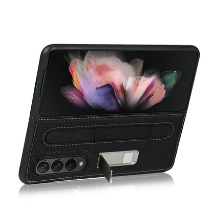 Anti-Collision Litchi Texture Genuine Leather Coated TPU Case with Hidden Kickstand for Samsung Galaxy Z Fold3 5G