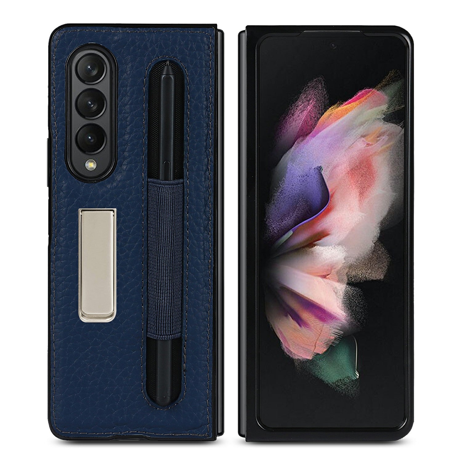Anti-Collision Litchi Texture Genuine Leather Coated TPU Case with Hidden Kickstand for Samsung Galaxy Z Fold3 5G