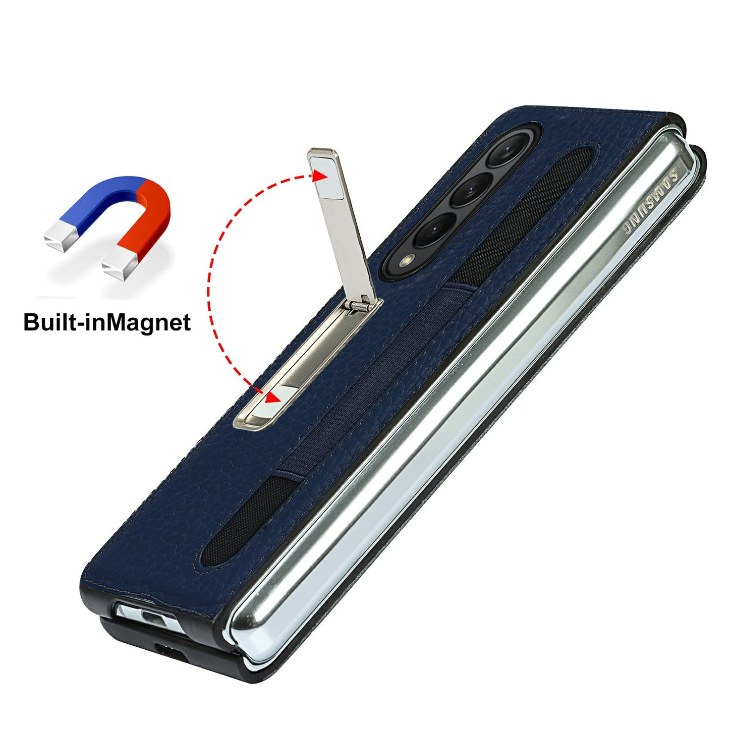 Anti-Collision Litchi Texture Genuine Leather Coated TPU Case with Hidden Kickstand for Samsung Galaxy Z Fold3 5G