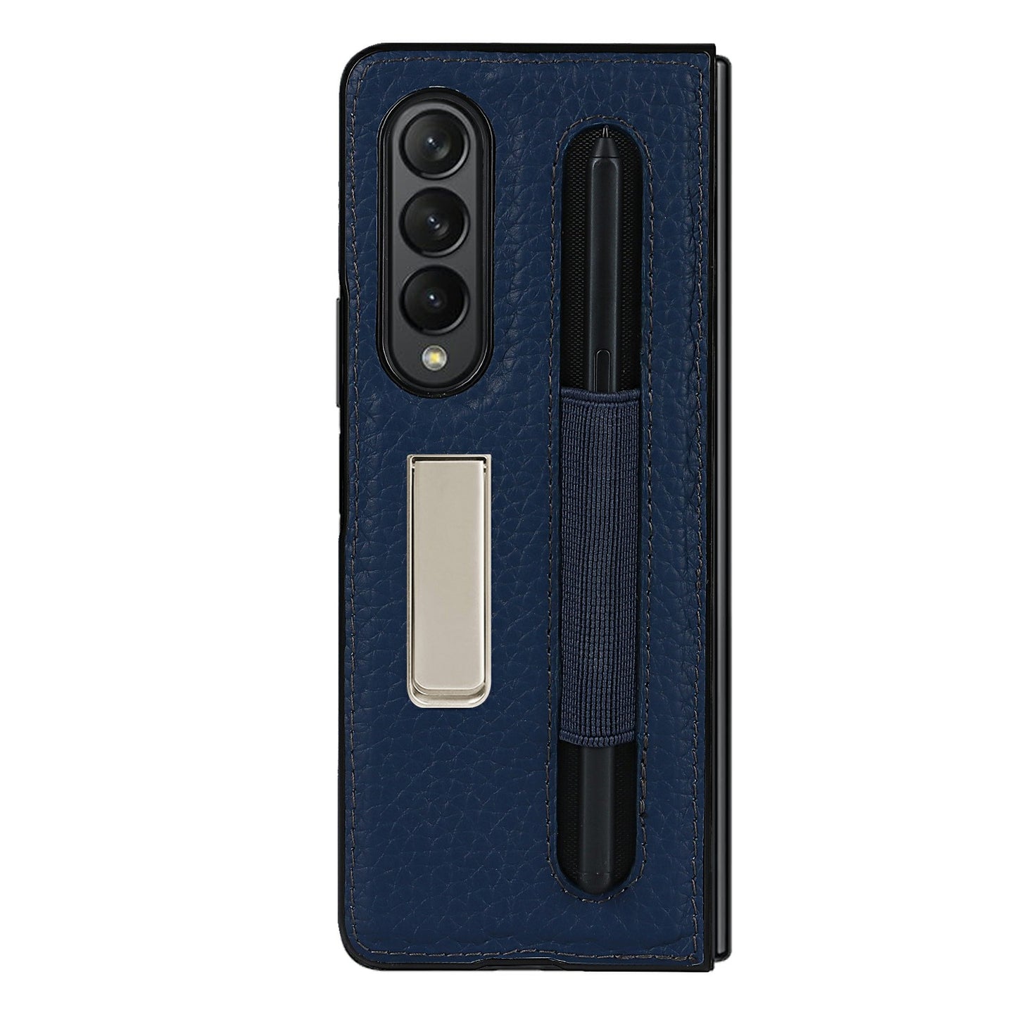 Anti-Collision Litchi Texture Genuine Leather Coated TPU Case with Hidden Kickstand for Samsung Galaxy Z Fold3 5G