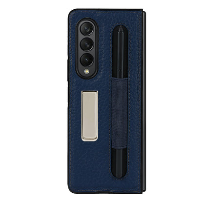 Anti-Collision Litchi Texture Genuine Leather Coated TPU Case with Hidden Kickstand for Samsung Galaxy Z Fold3 5G
