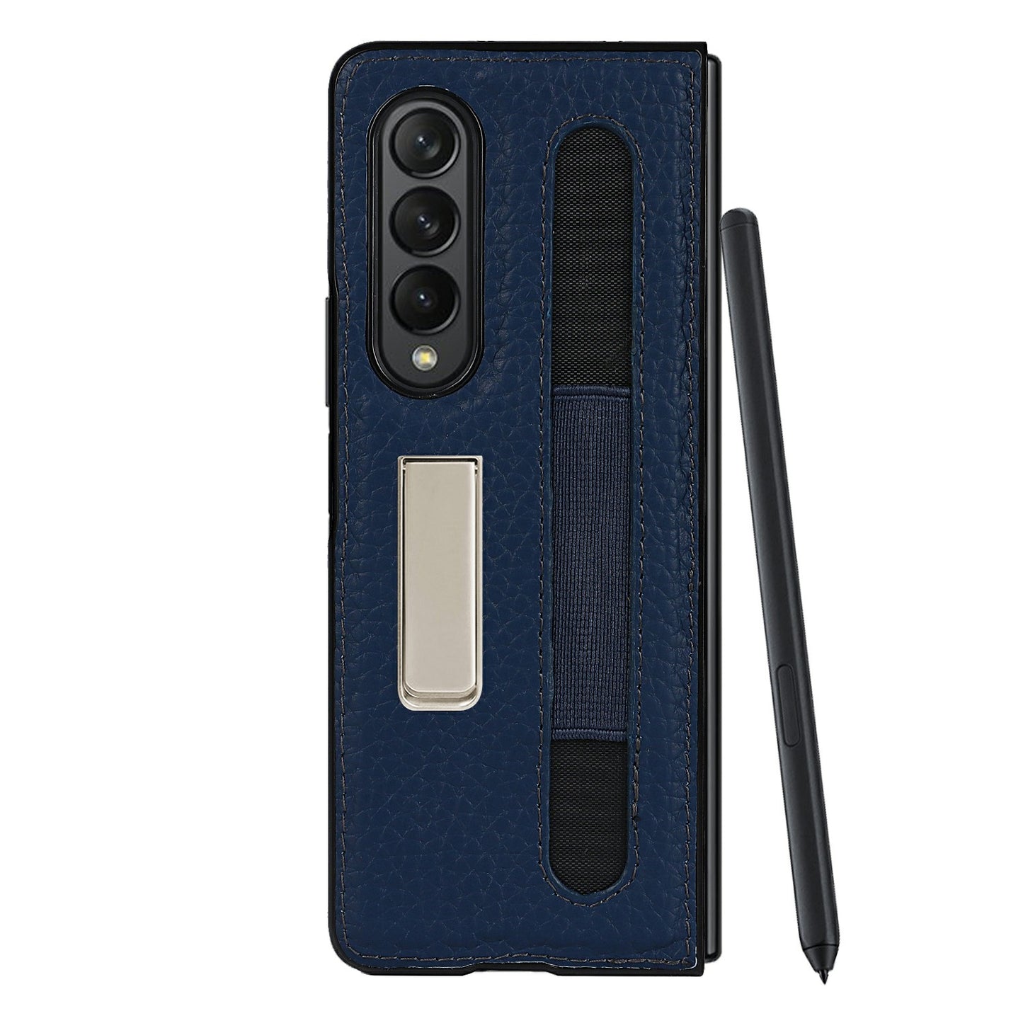 Anti-Collision Litchi Texture Genuine Leather Coated TPU Case with Hidden Kickstand for Samsung Galaxy Z Fold3 5G