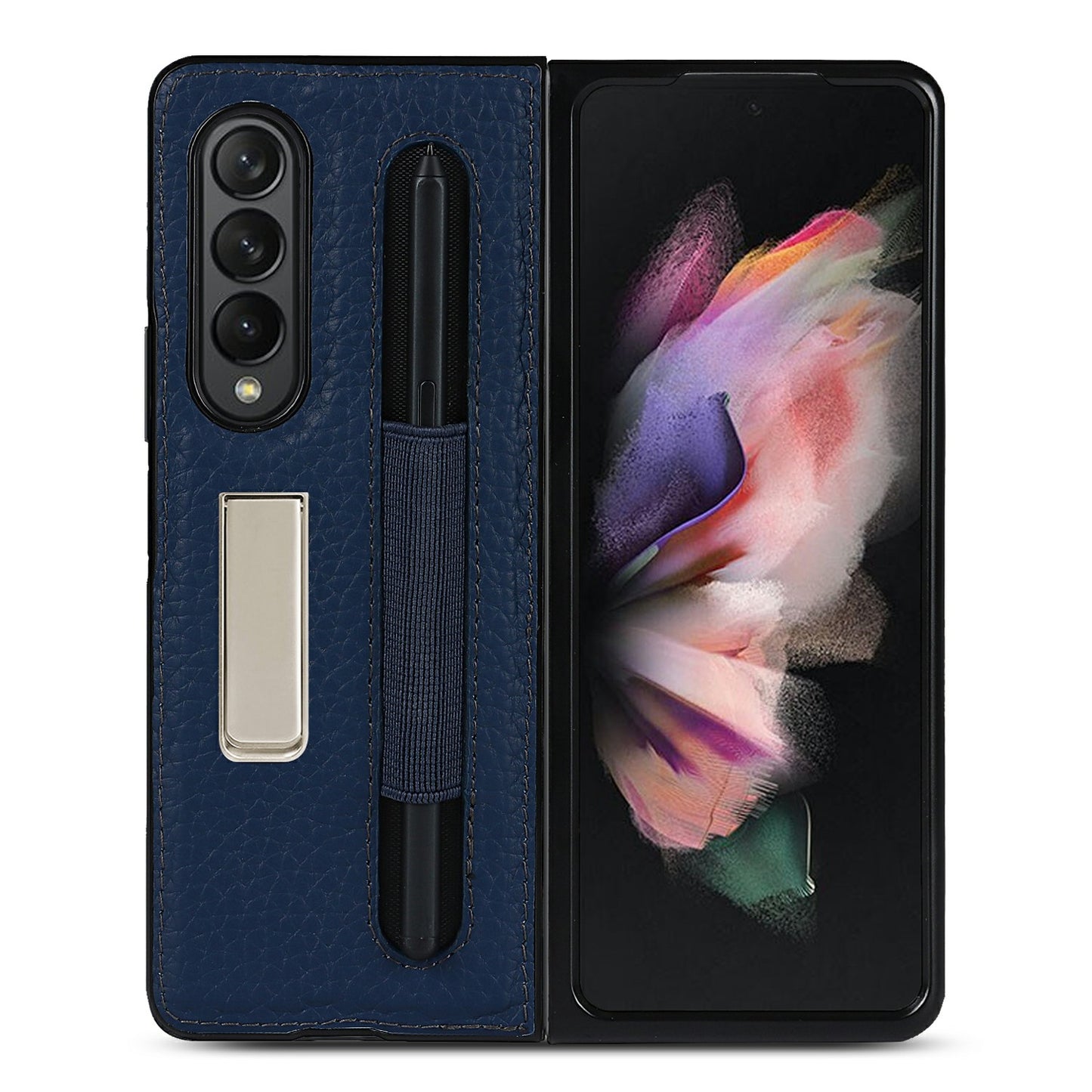 Anti-Collision Litchi Texture Genuine Leather Coated TPU Case with Hidden Kickstand for Samsung Galaxy Z Fold3 5G