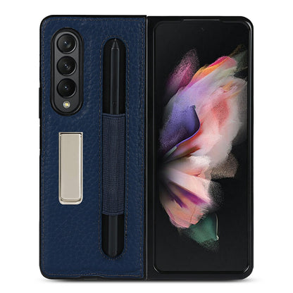 Anti-Collision Litchi Texture Genuine Leather Coated TPU Case with Hidden Kickstand for Samsung Galaxy Z Fold3 5G