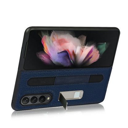 Anti-Collision Litchi Texture Genuine Leather Coated TPU Case with Hidden Kickstand for Samsung Galaxy Z Fold3 5G