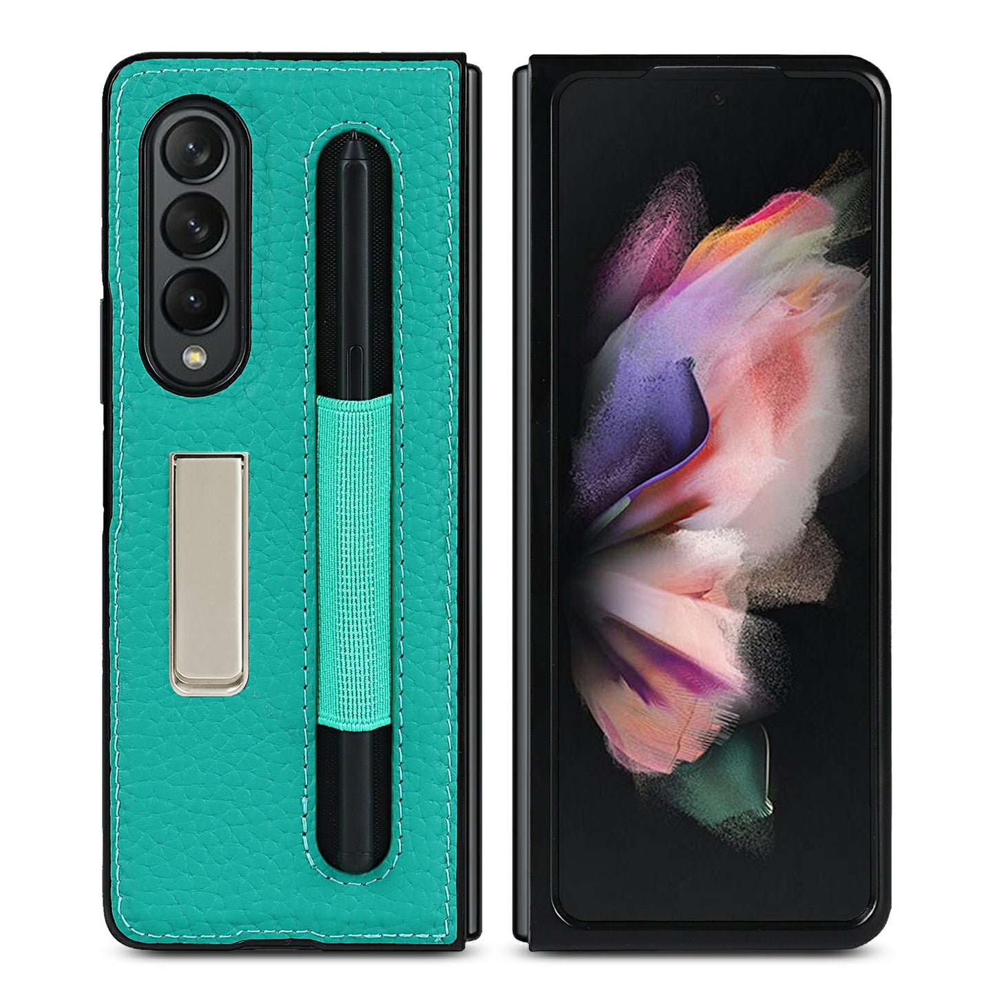Anti-Collision Litchi Texture Genuine Leather Coated TPU Case with Hidden Kickstand for Samsung Galaxy Z Fold3 5G