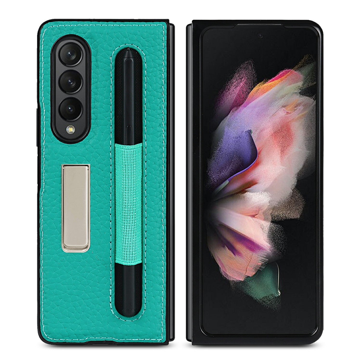 Anti-Collision Litchi Texture Genuine Leather Coated TPU Case with Hidden Kickstand for Samsung Galaxy Z Fold3 5G