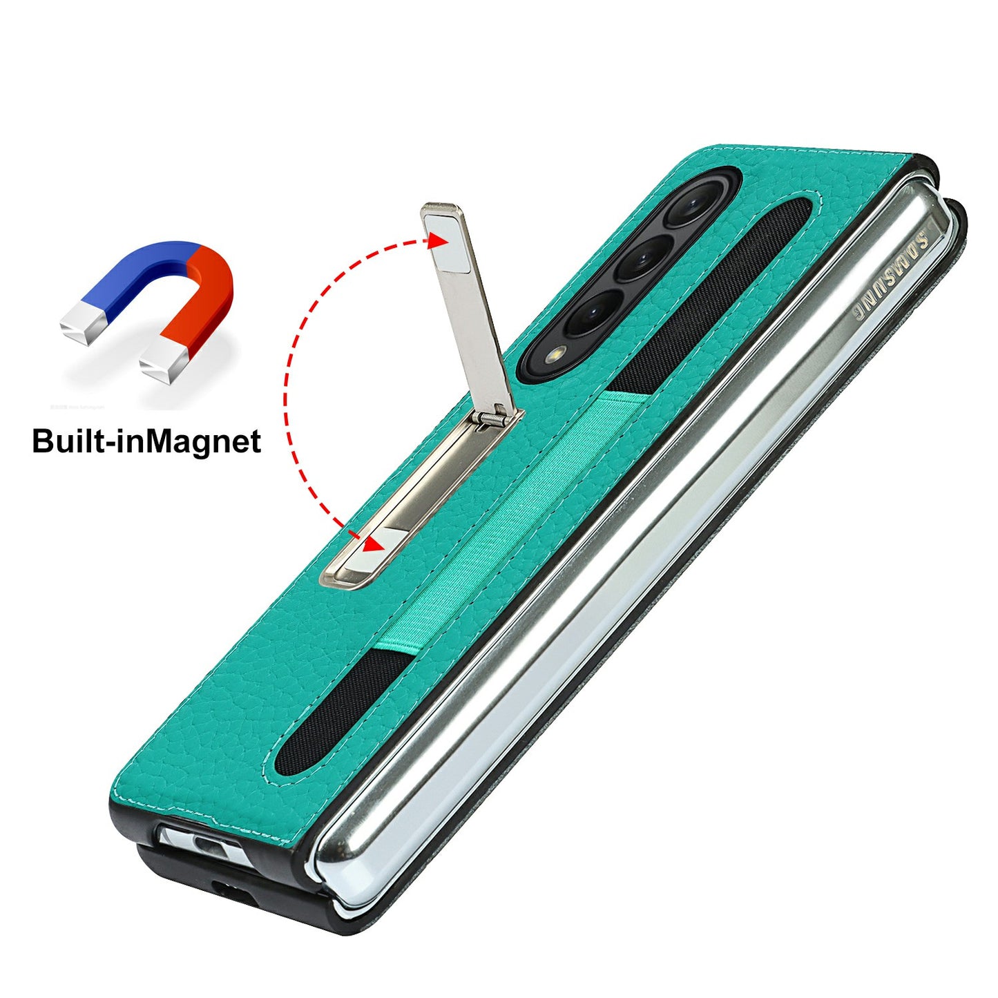 Anti-Collision Litchi Texture Genuine Leather Coated TPU Case with Hidden Kickstand for Samsung Galaxy Z Fold3 5G