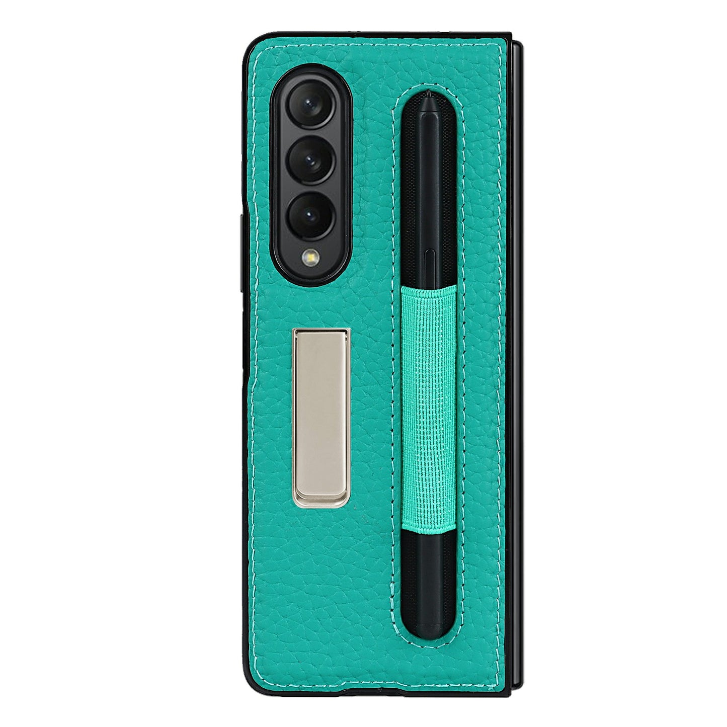 Anti-Collision Litchi Texture Genuine Leather Coated TPU Case with Hidden Kickstand for Samsung Galaxy Z Fold3 5G