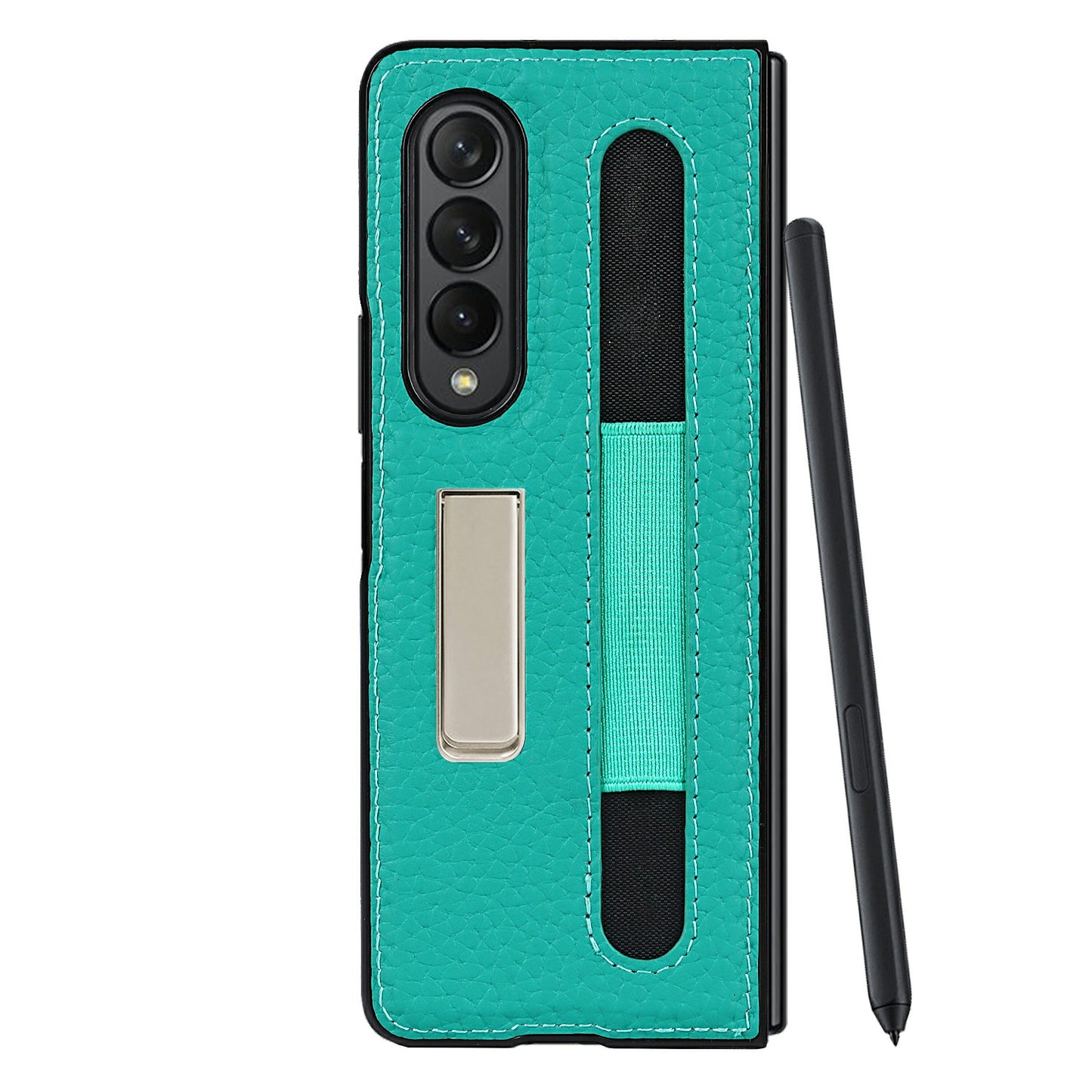 Anti-Collision Litchi Texture Genuine Leather Coated TPU Case with Hidden Kickstand for Samsung Galaxy Z Fold3 5G