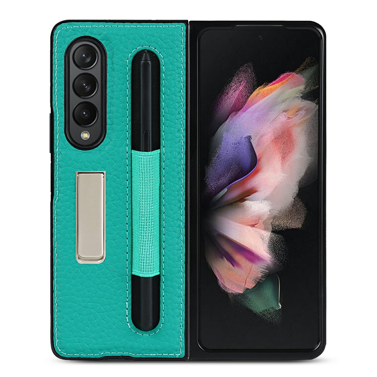 Anti-Collision Litchi Texture Genuine Leather Coated TPU Case with Hidden Kickstand for Samsung Galaxy Z Fold3 5G