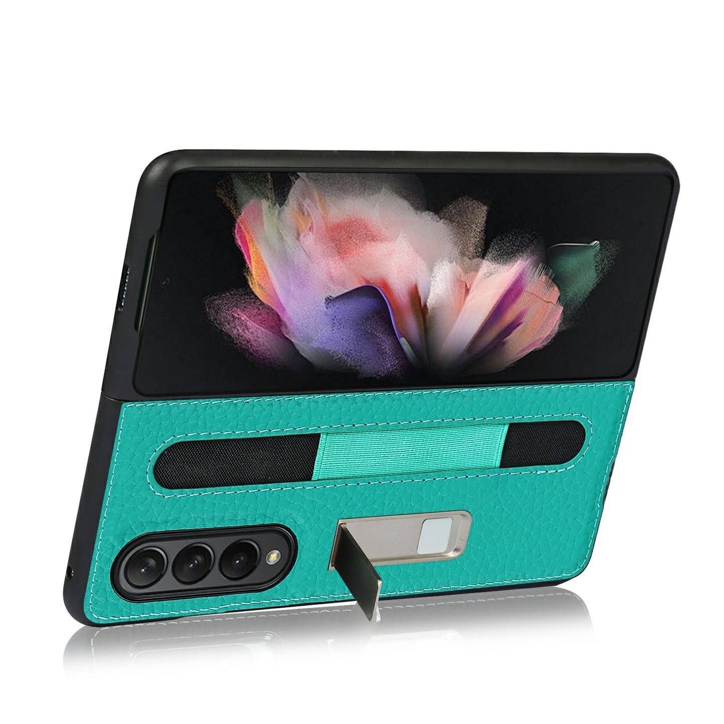 Anti-Collision Litchi Texture Genuine Leather Coated TPU Case with Hidden Kickstand for Samsung Galaxy Z Fold3 5G