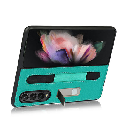 Anti-Collision Litchi Texture Genuine Leather Coated TPU Case with Hidden Kickstand for Samsung Galaxy Z Fold3 5G