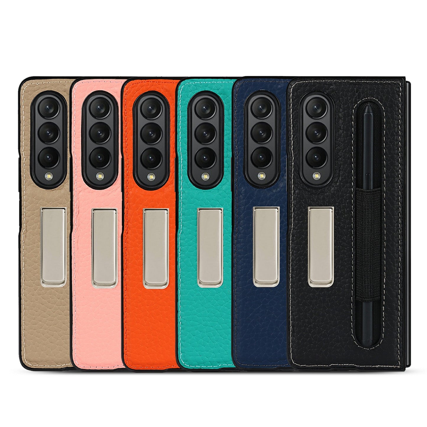 Anti-Collision Litchi Texture Genuine Leather Coated TPU Case with Hidden Kickstand for Samsung Galaxy Z Fold3 5G