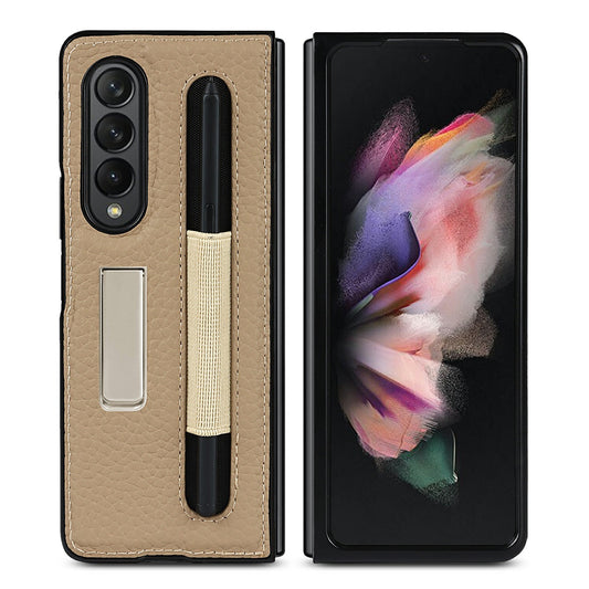 Anti-Collision Litchi Texture Genuine Leather Coated TPU Case with Hidden Kickstand for Samsung Galaxy Z Fold3 5G
