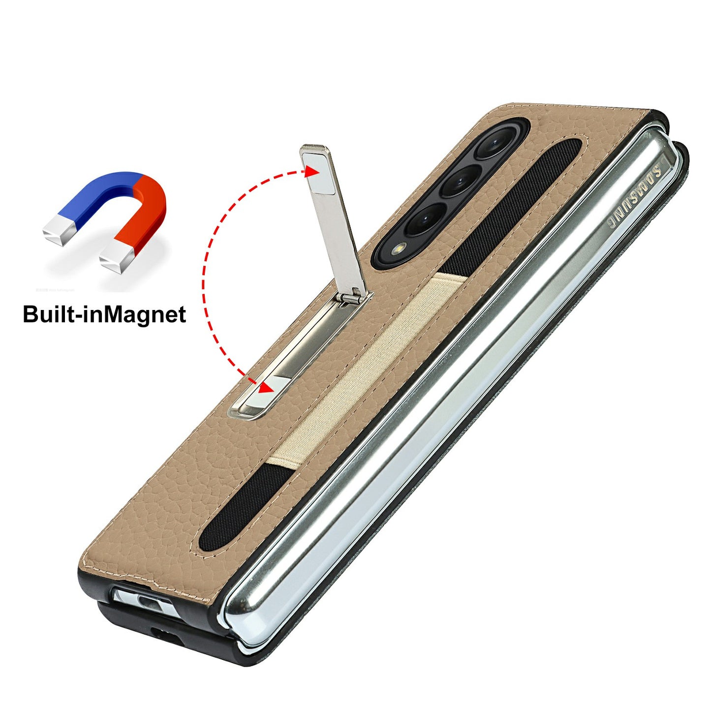 Anti-Collision Litchi Texture Genuine Leather Coated TPU Case with Hidden Kickstand for Samsung Galaxy Z Fold3 5G