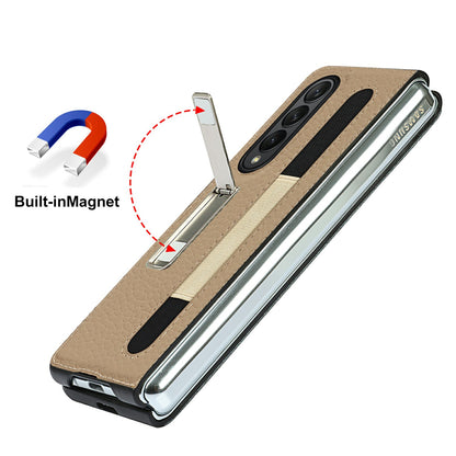 Anti-Collision Litchi Texture Genuine Leather Coated TPU Case with Hidden Kickstand for Samsung Galaxy Z Fold3 5G