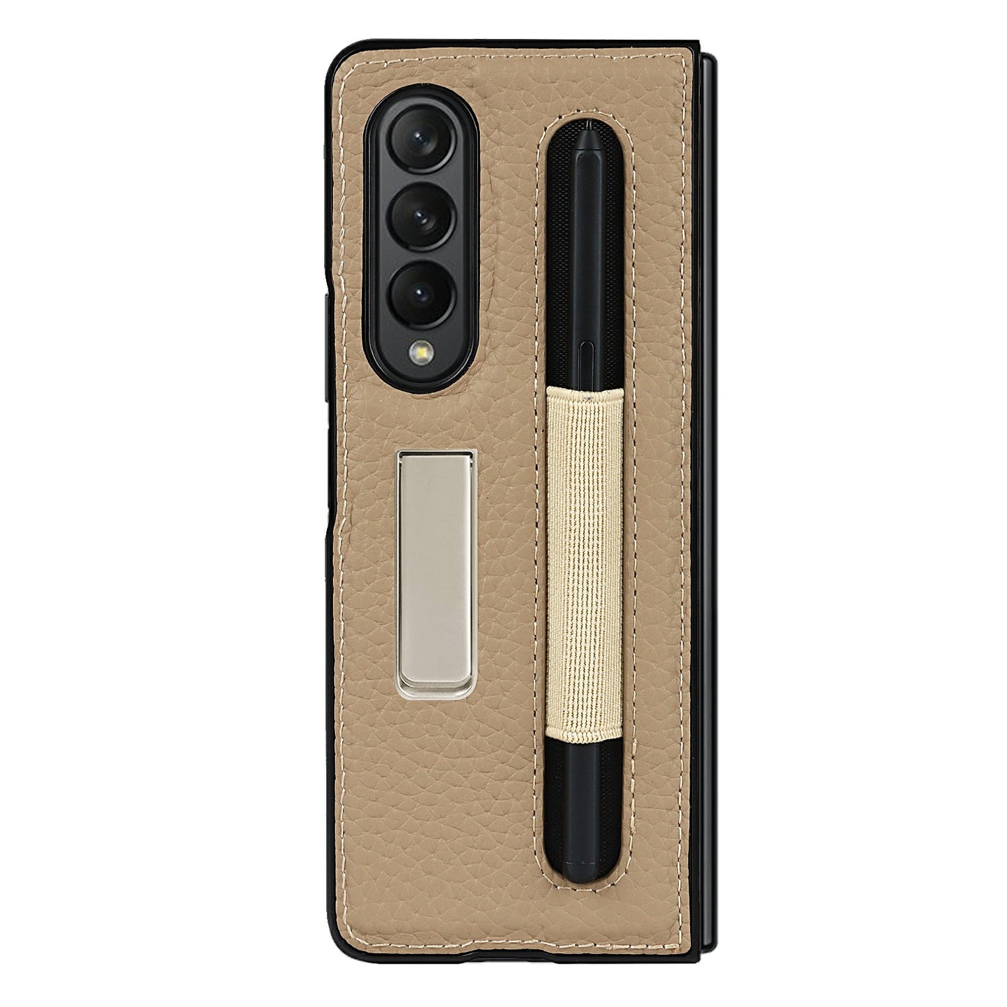 Anti-Collision Litchi Texture Genuine Leather Coated TPU Case with Hidden Kickstand for Samsung Galaxy Z Fold3 5G