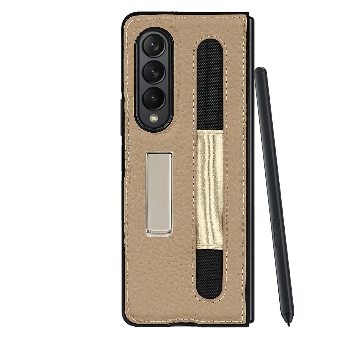 Anti-Collision Litchi Texture Genuine Leather Coated TPU Case with Hidden Kickstand for Samsung Galaxy Z Fold3 5G
