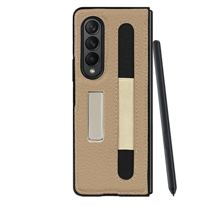 Anti-Collision Litchi Texture Genuine Leather Coated TPU Case with Hidden Kickstand for Samsung Galaxy Z Fold3 5G