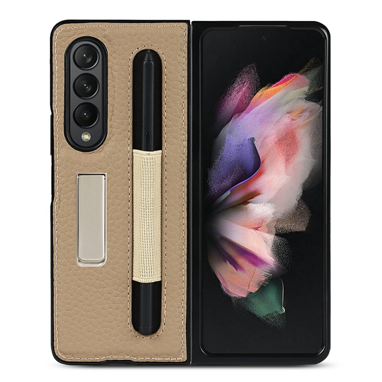Anti-Collision Litchi Texture Genuine Leather Coated TPU Case with Hidden Kickstand for Samsung Galaxy Z Fold3 5G