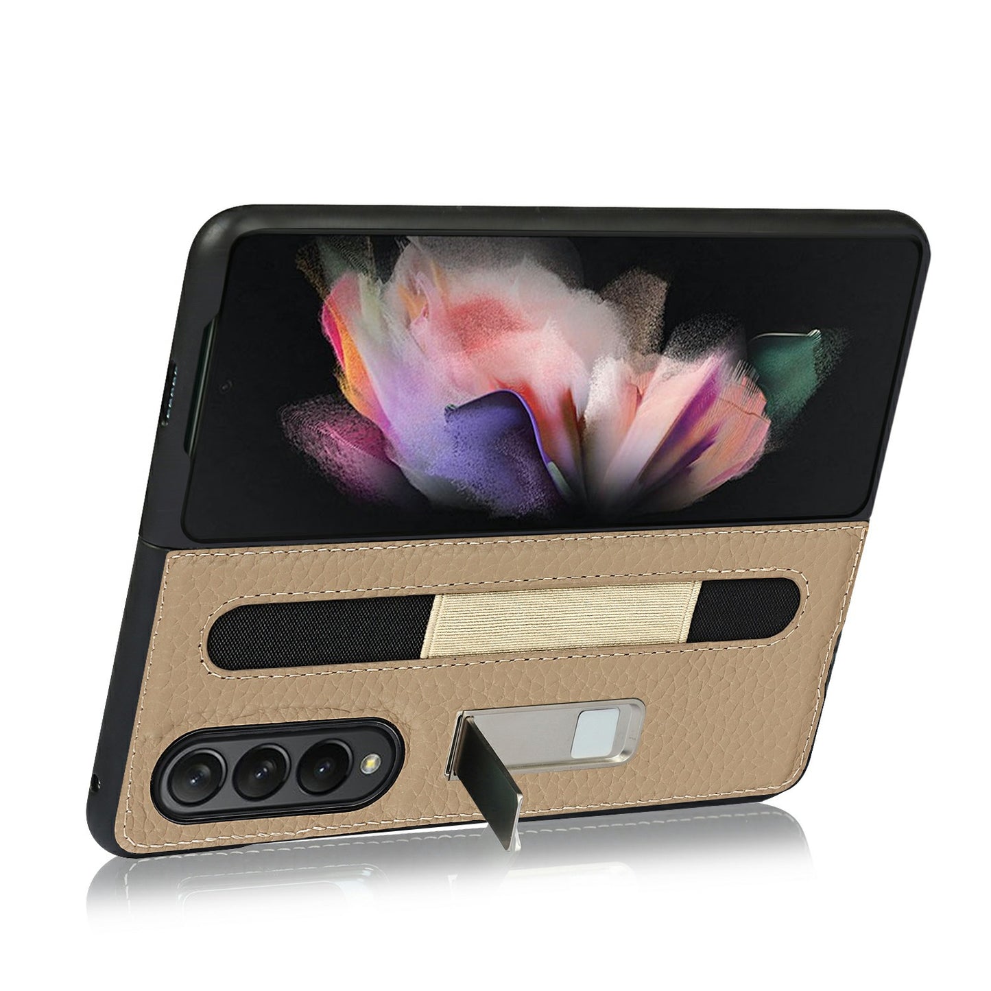 Anti-Collision Litchi Texture Genuine Leather Coated TPU Case with Hidden Kickstand for Samsung Galaxy Z Fold3 5G