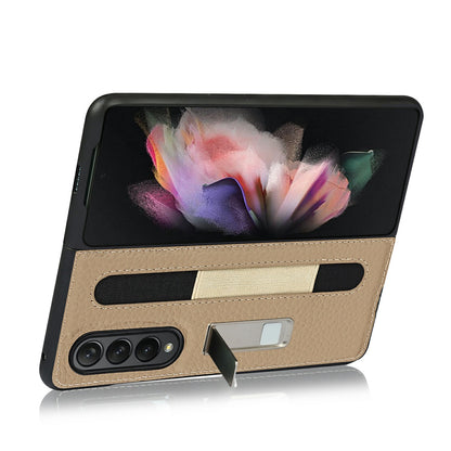 Anti-Collision Litchi Texture Genuine Leather Coated TPU Case with Hidden Kickstand for Samsung Galaxy Z Fold3 5G