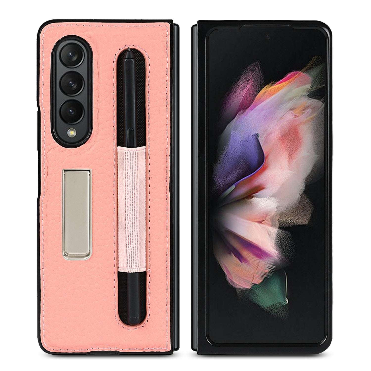Anti-Collision Litchi Texture Genuine Leather Coated TPU Case with Hidden Kickstand for Samsung Galaxy Z Fold3 5G