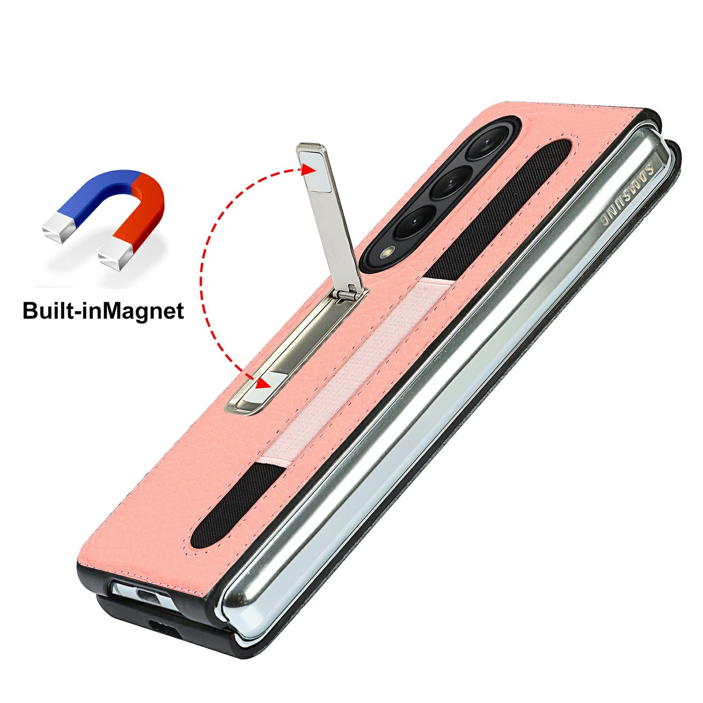 Anti-Collision Litchi Texture Genuine Leather Coated TPU Case with Hidden Kickstand for Samsung Galaxy Z Fold3 5G