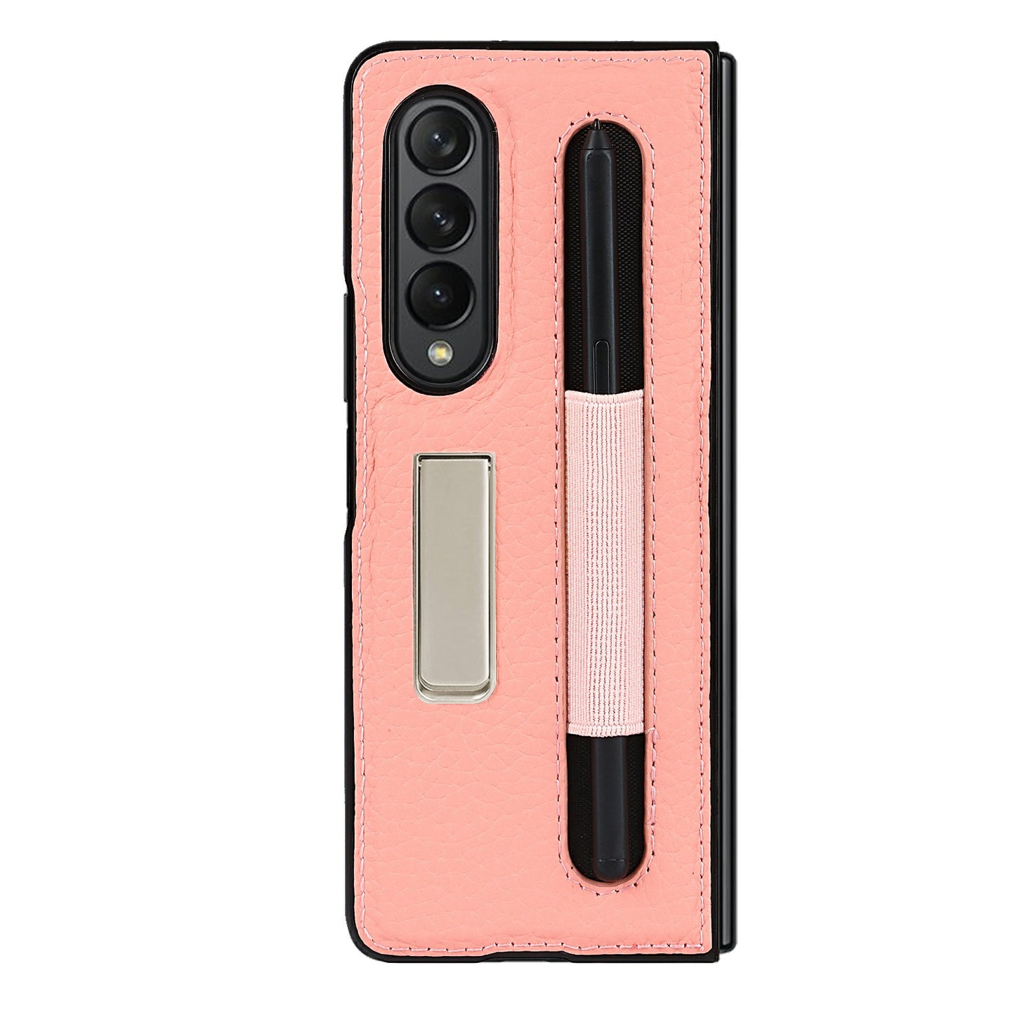 Anti-Collision Litchi Texture Genuine Leather Coated TPU Case with Hidden Kickstand for Samsung Galaxy Z Fold3 5G