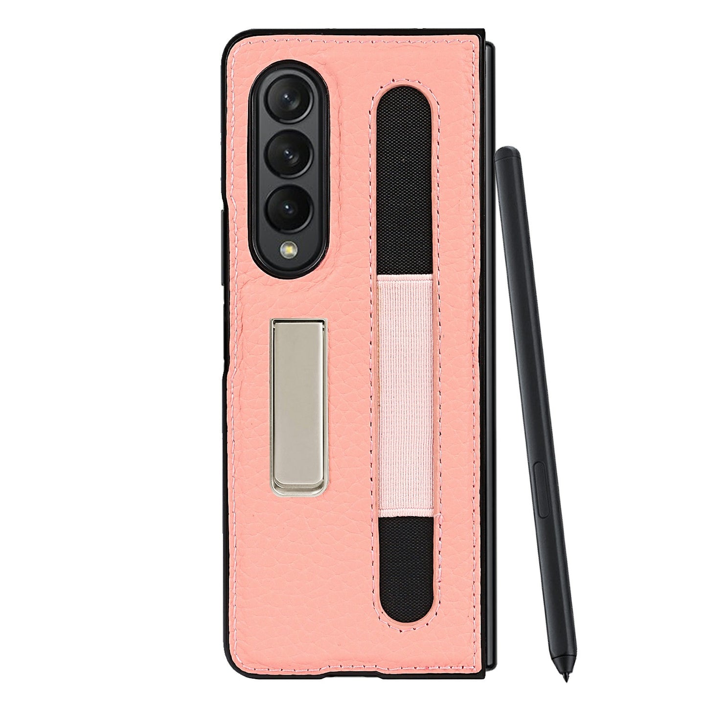 Anti-Collision Litchi Texture Genuine Leather Coated TPU Case with Hidden Kickstand for Samsung Galaxy Z Fold3 5G