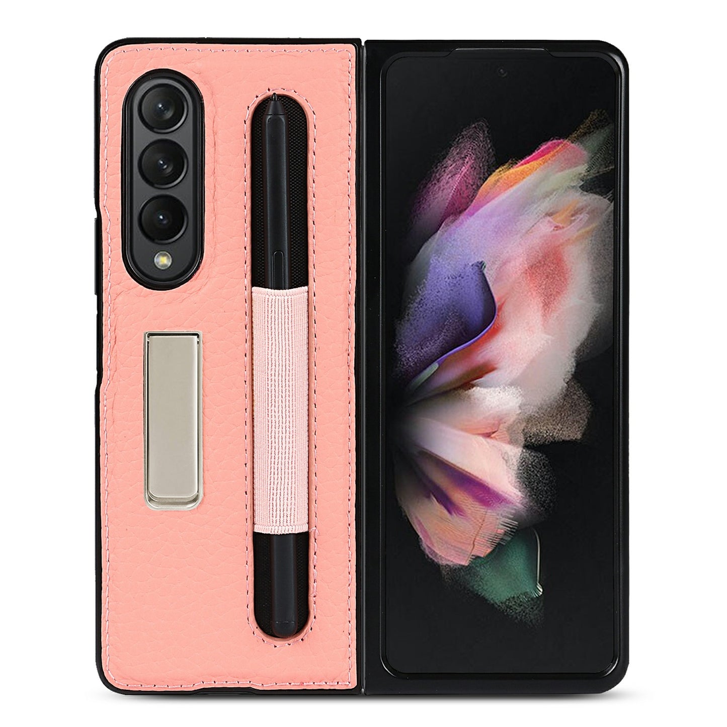 Anti-Collision Litchi Texture Genuine Leather Coated TPU Case with Hidden Kickstand for Samsung Galaxy Z Fold3 5G
