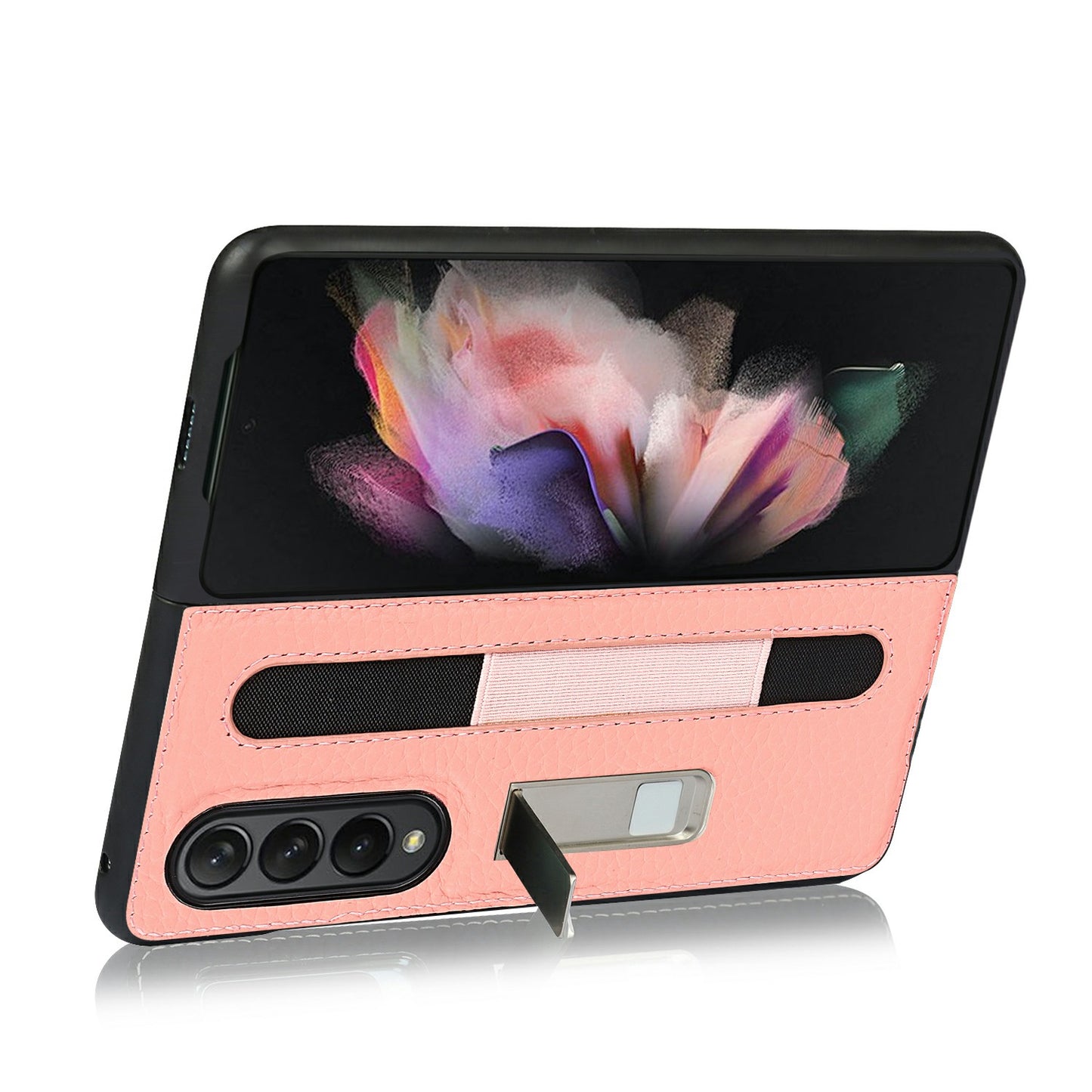 Anti-Collision Litchi Texture Genuine Leather Coated TPU Case with Hidden Kickstand for Samsung Galaxy Z Fold3 5G