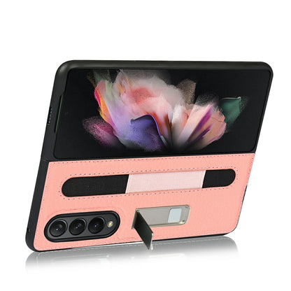 Anti-Collision Litchi Texture Genuine Leather Coated TPU Case with Hidden Kickstand for Samsung Galaxy Z Fold3 5G