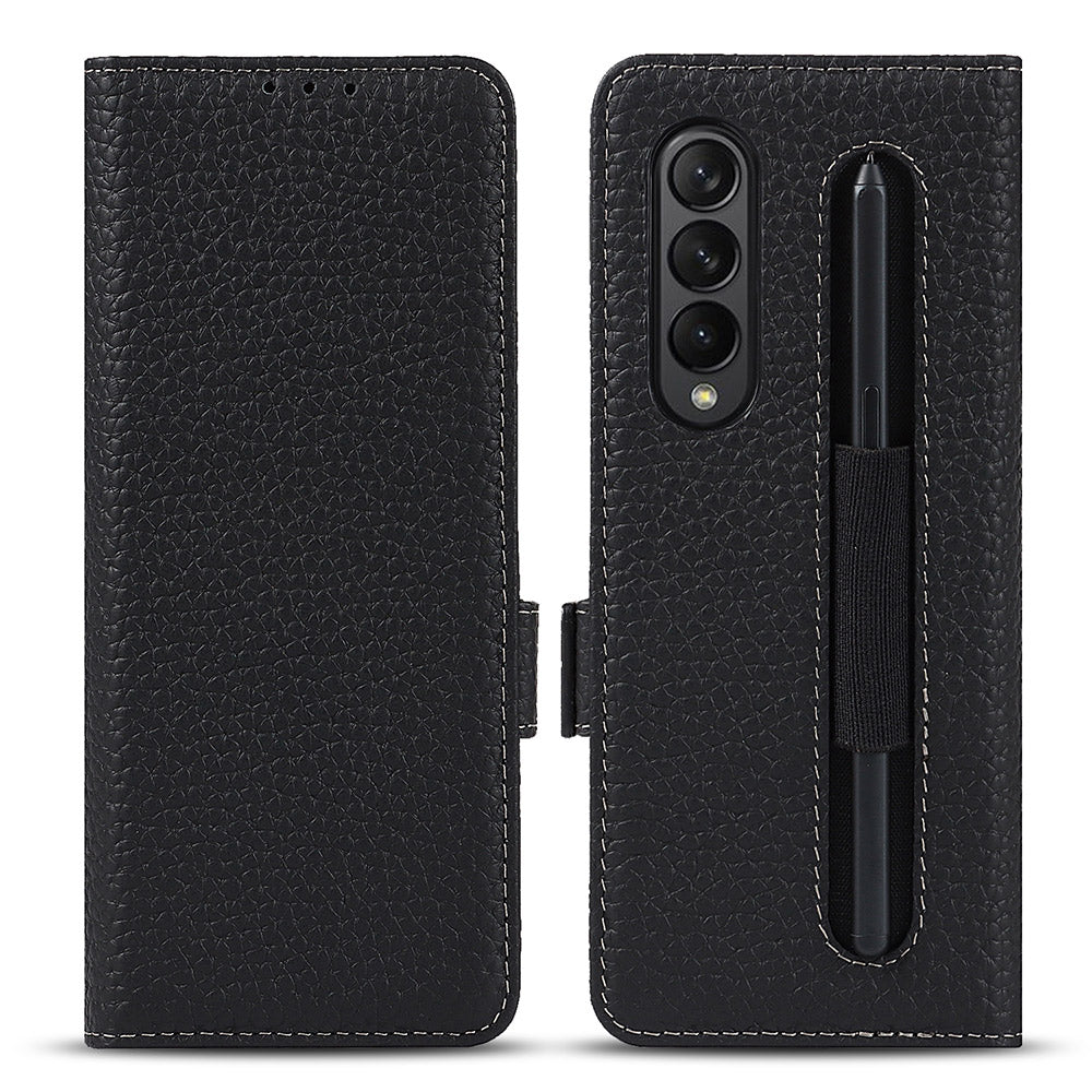 For Samsung Galaxy Z Fold3 5G Litchi Texture Genuine Leather Dual Magnetic Clasp Wallet Stand Phone Case Cover with Pen Slot