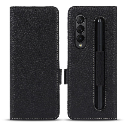 For Samsung Galaxy Z Fold3 5G Litchi Texture Genuine Leather Dual Magnetic Clasp Wallet Stand Phone Case Cover with Pen Slot